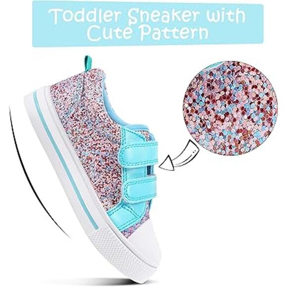 K KomForme Little Girls Size 12 Blue Pink Glitter Hook Loop Strap Sneaker Shoes - Picture 3 of 7
